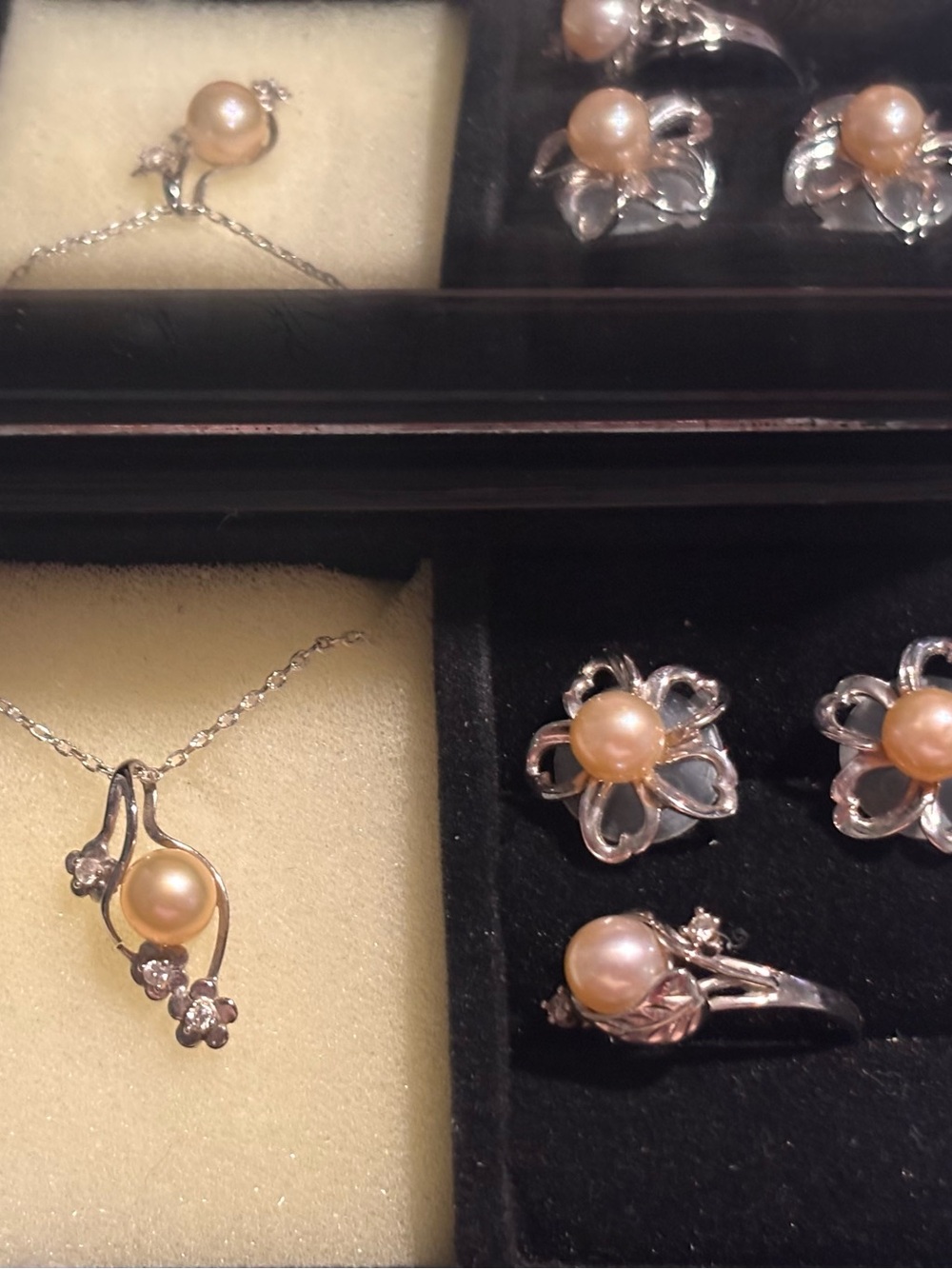 Pearl Flower Pendant Necklace and Ring Set - Peach Pearl Silver Maui Divers